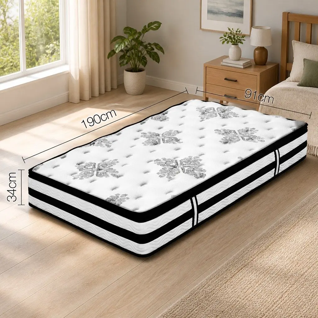 Single Mattress 34cm Euro Top Pocket Spring Medium Firm Support Bed Comfort
