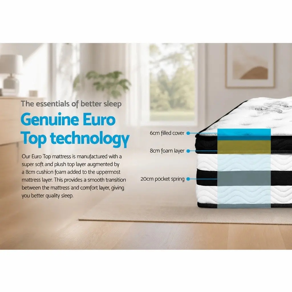 Single Mattress 34cm Euro Top Pocket Spring Medium Firm Support Bed Comfort