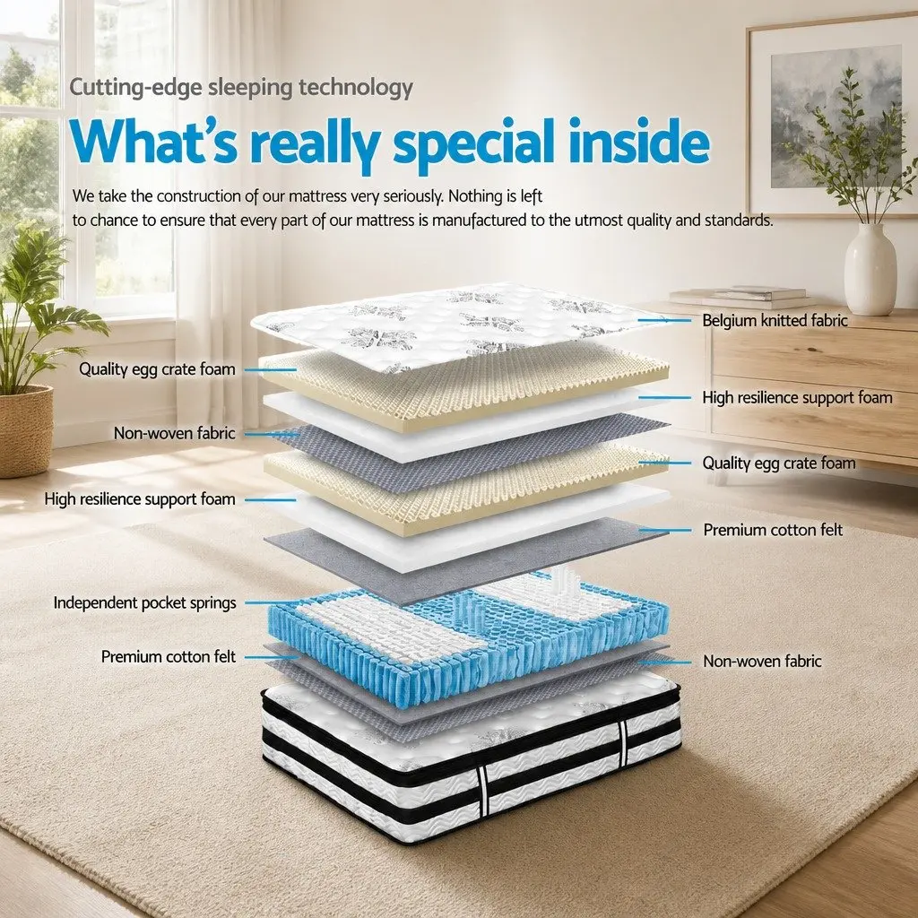 Single Mattress 34cm Euro Top Pocket Spring Medium Firm Support Bed Comfort