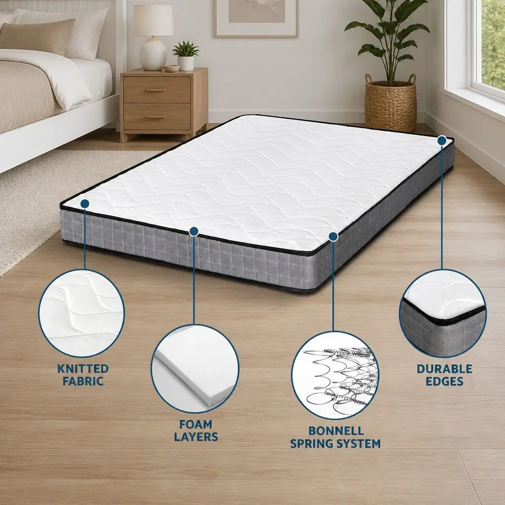 King Single Mattress Bonnell Spring 13cm Medium Firm Quilted Black and White