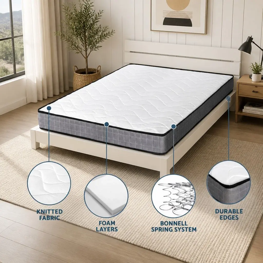Double Mattress Bonnell Spring 13cm Medium Firm Tight Top Black White