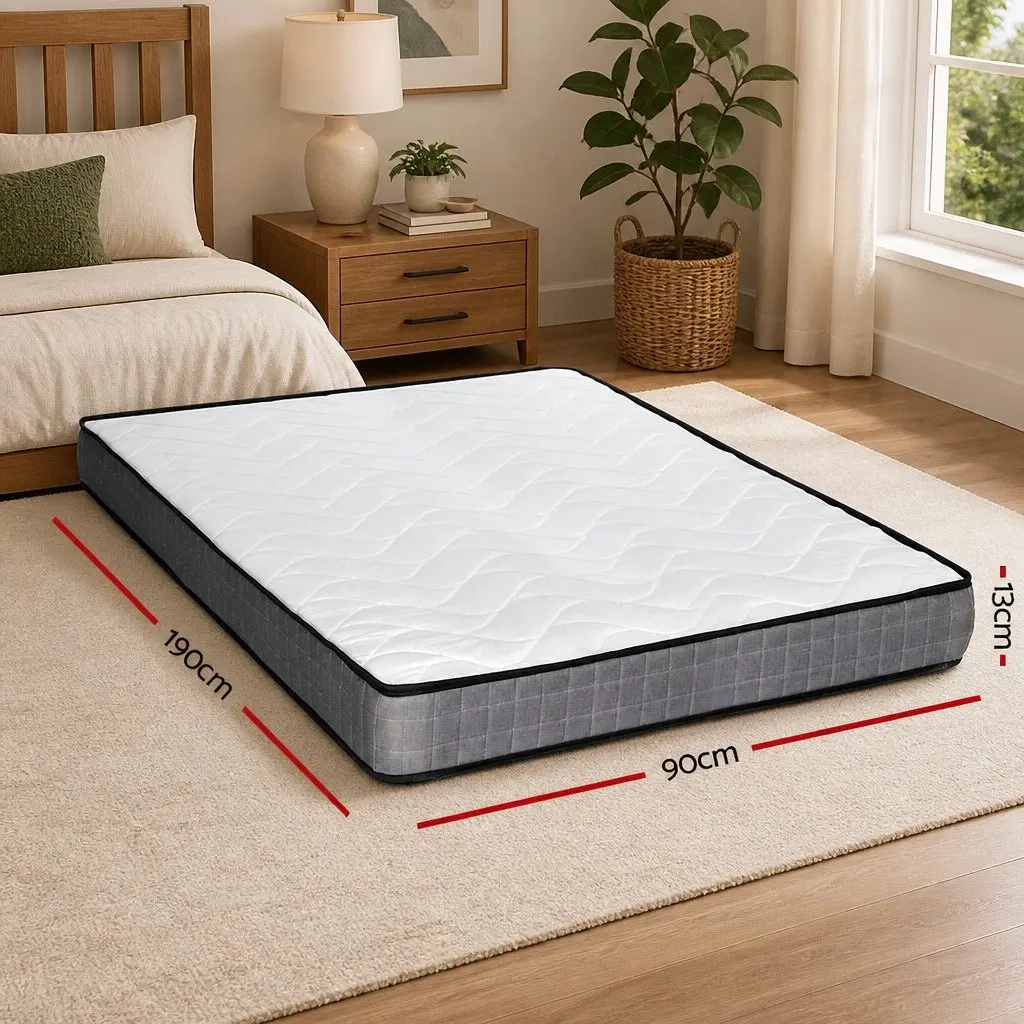 Single Mattress 13cm Medium Firm Bonnell Spring Tight Top Quilted White Grey