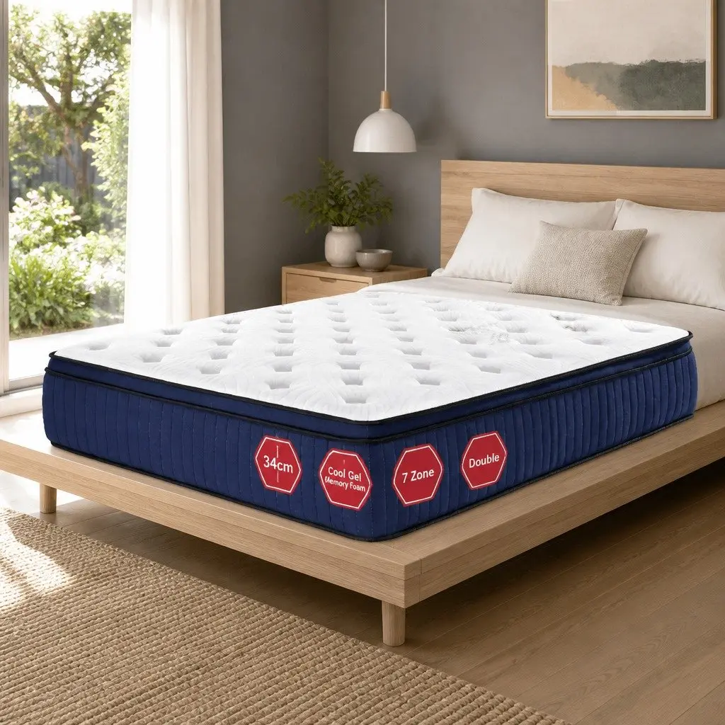 Double Mattress 34cm White Cool Gel Memory Foam Medium Firm 7 Zone Pocket Springs