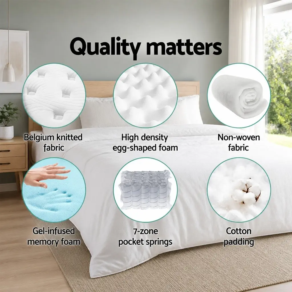 Double Mattress 34cm White Cool Gel Memory Foam Medium Firm 7 Zone Pocket Springs
