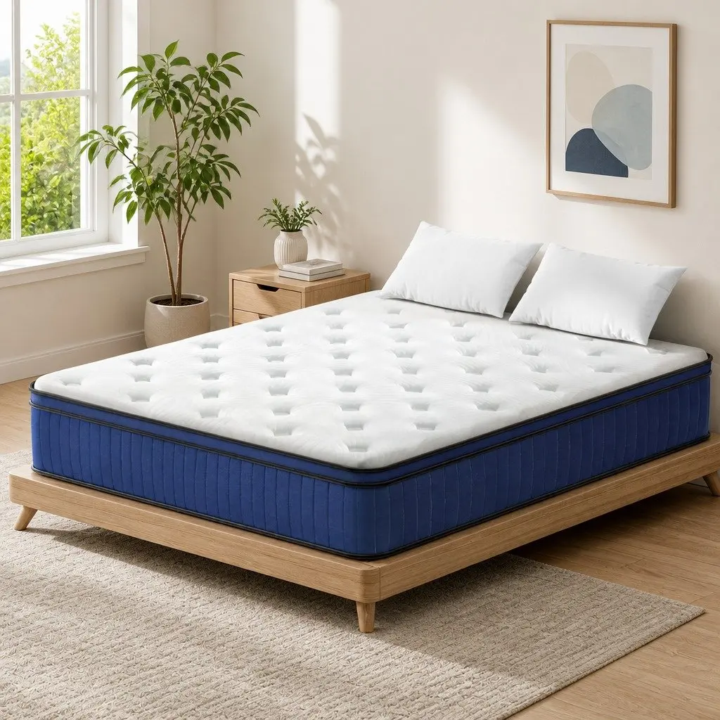 Queen Euro Top Mattress White 34cm Cool Gel Memory Foam Pocket Spring 7 Zone