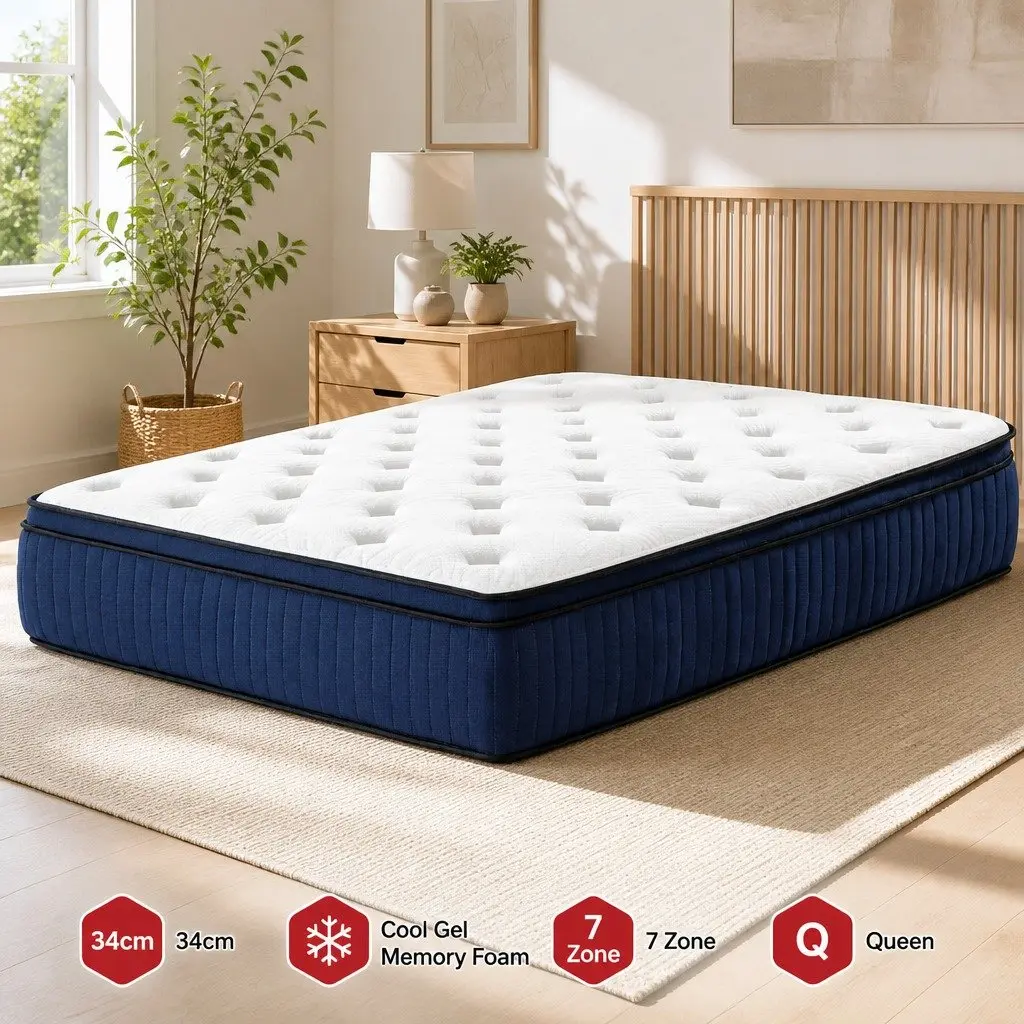 Queen Euro Top Mattress White 34cm Cool Gel Memory Foam Pocket Spring 7 Zone