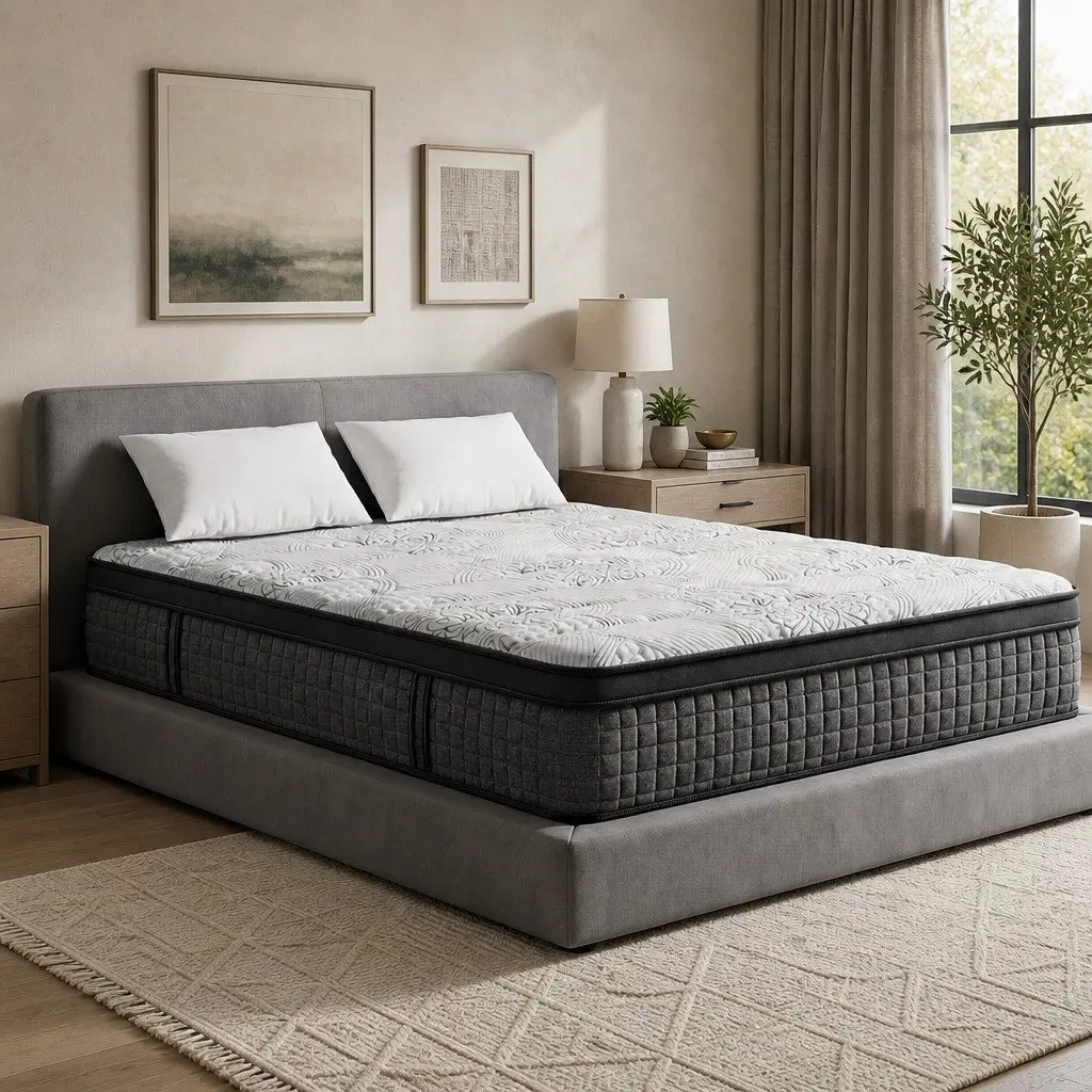 Double Mattress 34cm Euro Top 9 Zone Pocket Spring Latex Foam Medium Firm White Black Grey
