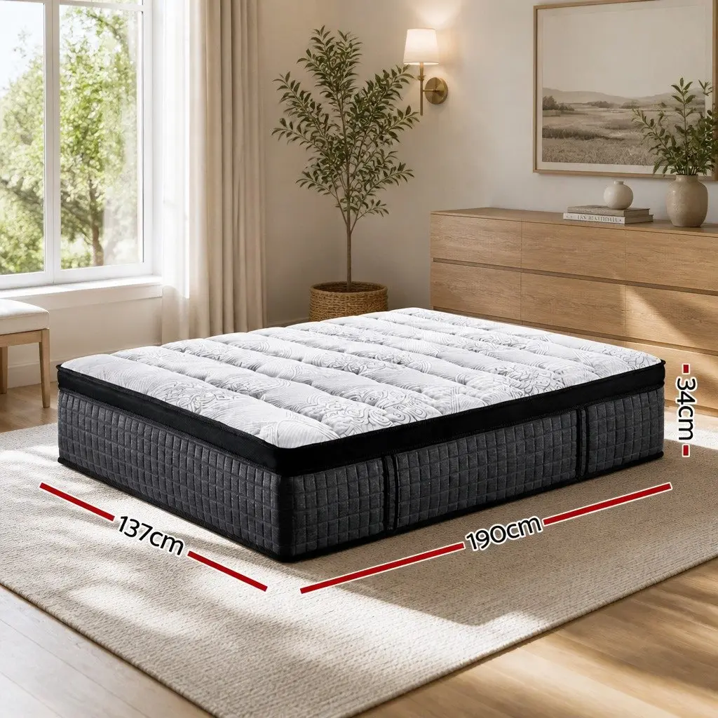 Double Mattress 34cm Euro Top 9 Zone Pocket Spring Latex Foam Medium Firm White Black Grey