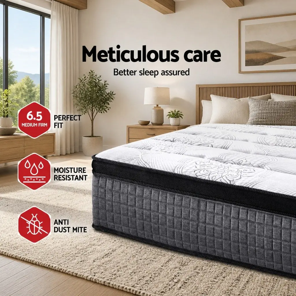 Double Mattress 34cm Euro Top 9 Zone Pocket Spring Latex Foam Medium Firm White Black Grey