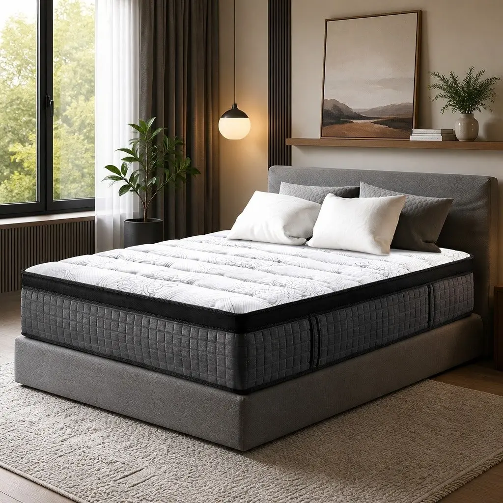 Double Mattress 34cm Euro Top 9 Zone Pocket Spring Latex Foam Medium Firm White Black Grey