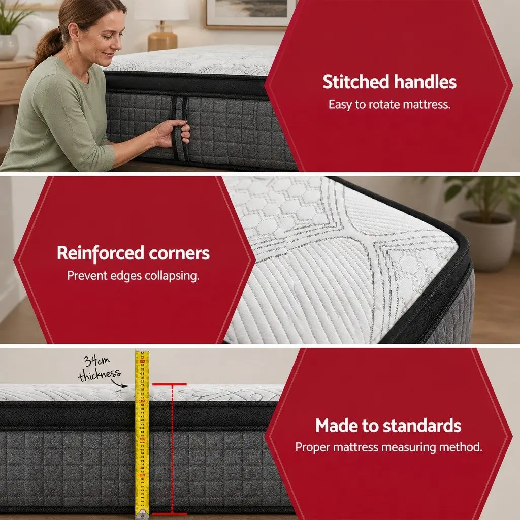 Double Mattress 34cm Euro Top 9 Zone Pocket Spring Latex Foam Medium Firm White Black Grey