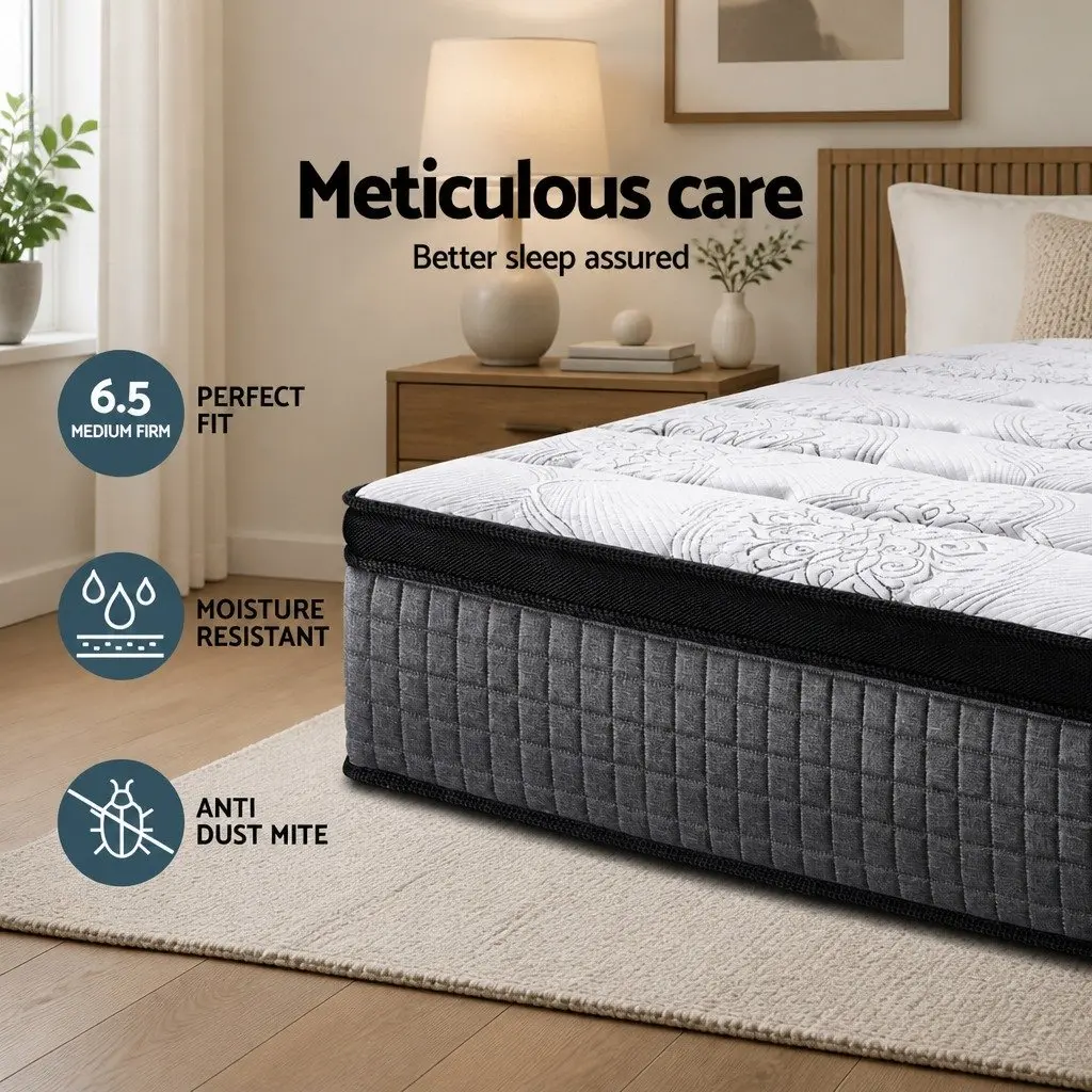 Queen Mattress 34cm Euro Top 9 Zone Pocket Spring Latex Foam Medium Firm