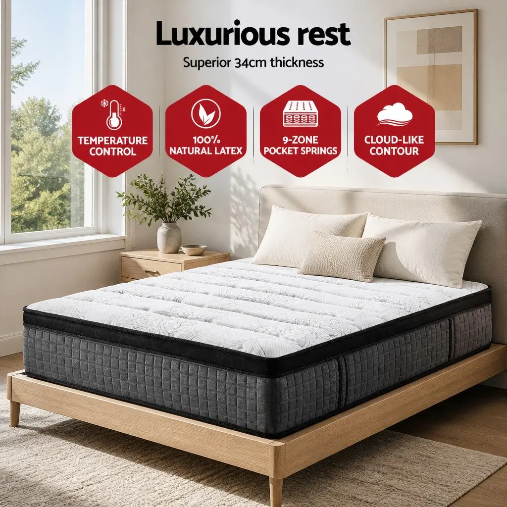 Single Mattress 34cm Euro Top 9 Zone Pocket Spring Medium Firm Latex Foam