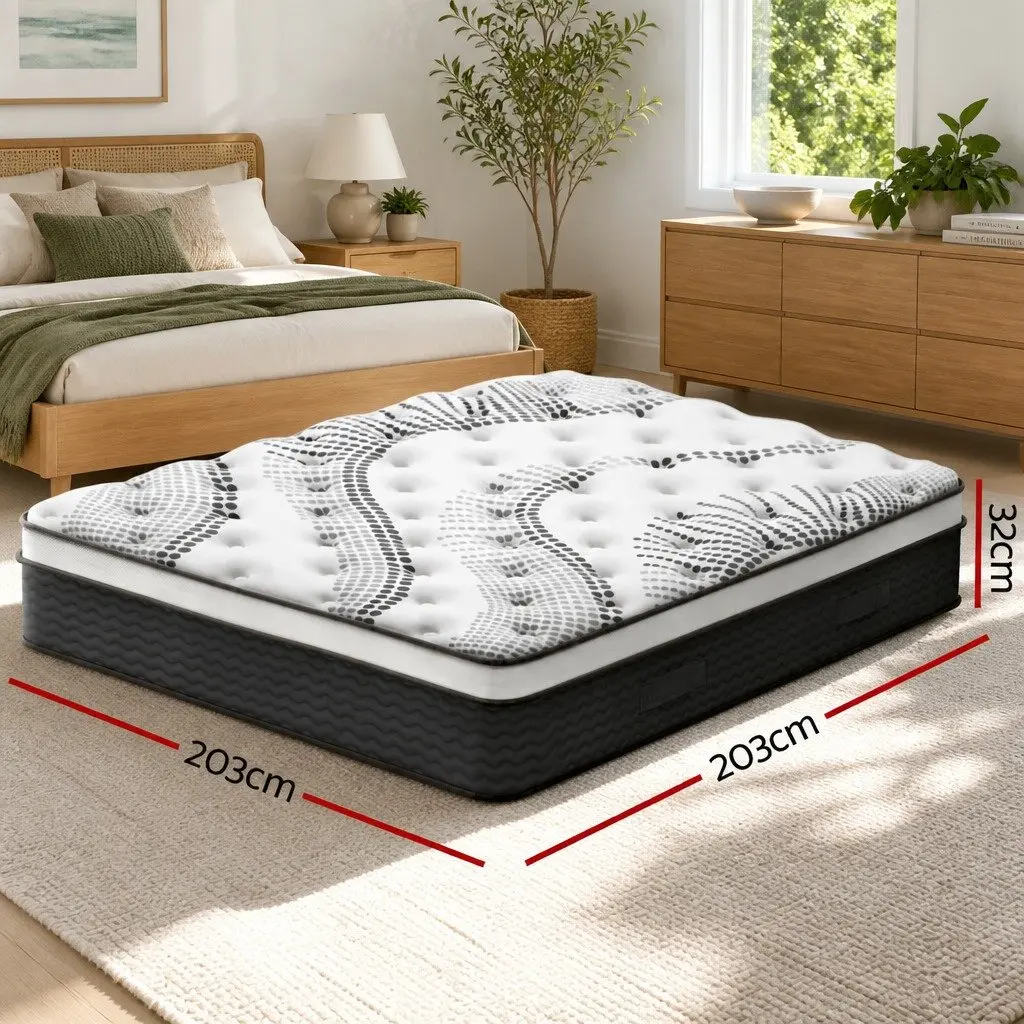 Super King Mattress 32cm Thick Medium Firm Plush Euro Top Pocket Spring Black White