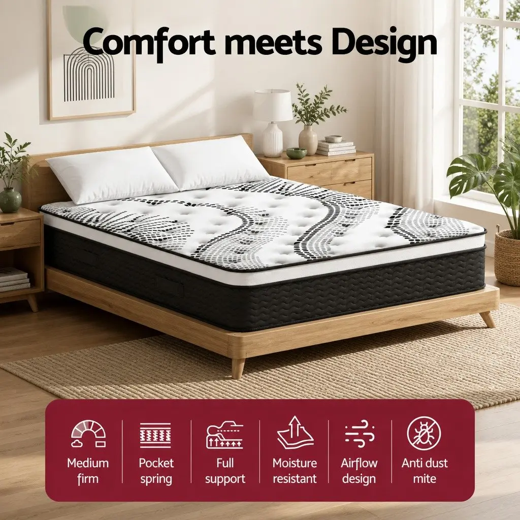 Super King Mattress 32cm Thick Medium Firm Plush Euro Top Pocket Spring Black White