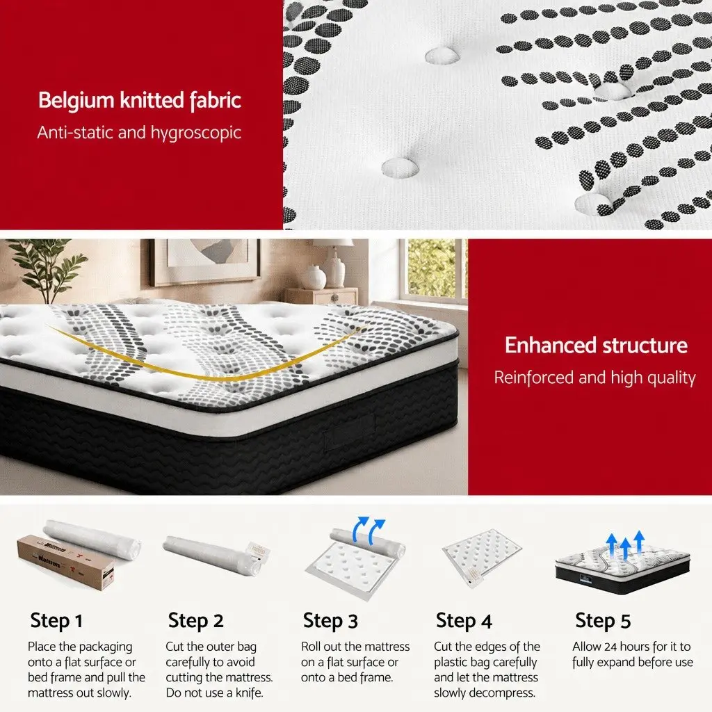 Super King Mattress 32cm Thick Medium Firm Plush Euro Top Pocket Spring Black White