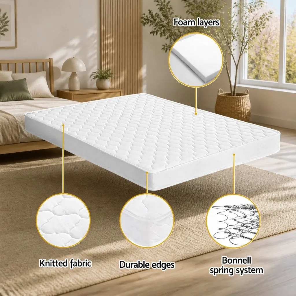 King Single Mattress 13cm Medium Firm Bonnell Spring Tight Top White Bed