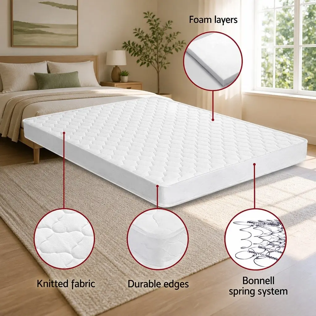 Queen Mattress Bonnell Spring 13cm Medium Firm Tight Top Quilted White