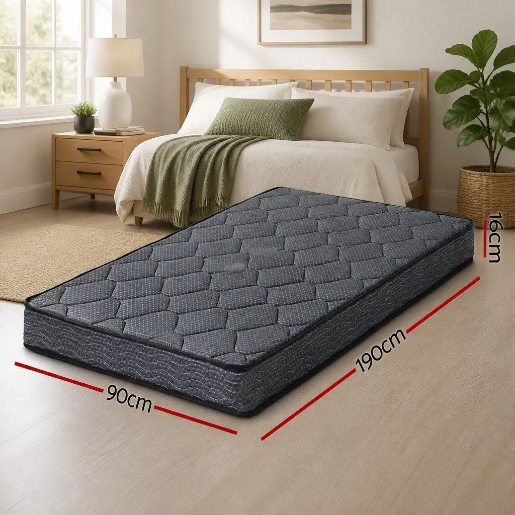 Single Mattress 16cm Bonnell Spring Tight Top Medium Firm Support Grey Bed