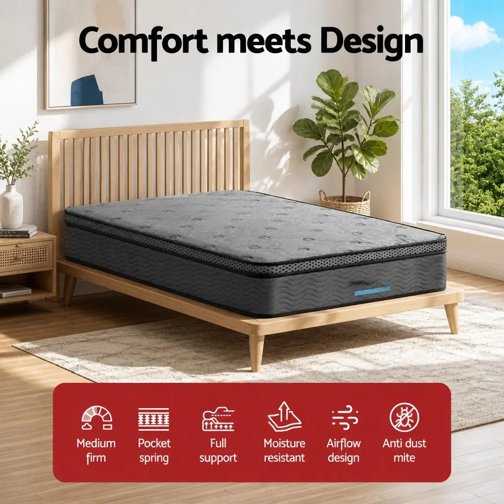 King Single Mattress 26cm Medium Firm Euro Top Memory Foam Pocket Spring Grey