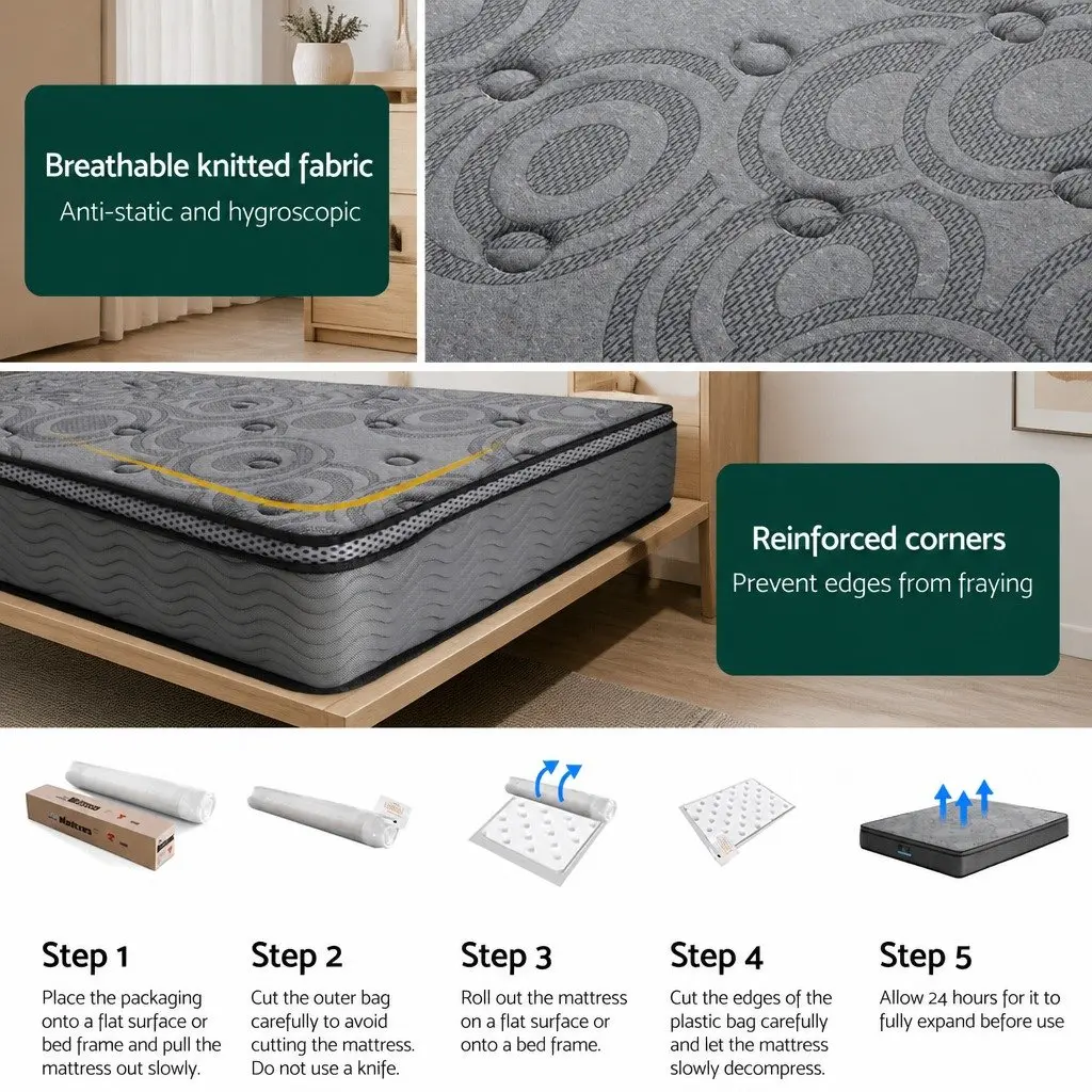 King Size Mattress 26cm Euro Top Medium Firm Pocket Spring Memory Foam Grey