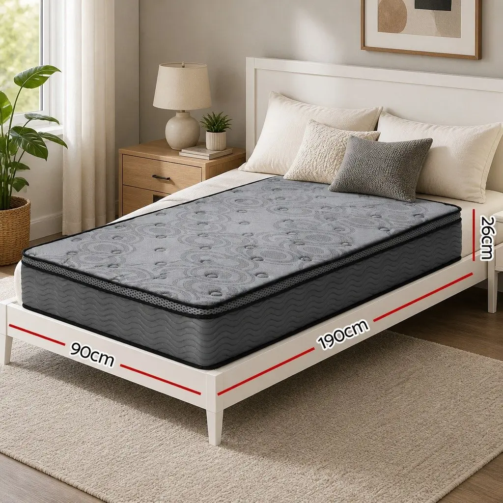 Single Mattress Grey Pocket Spring Memory Foam Medium Firm Euro Top 26cm Thick