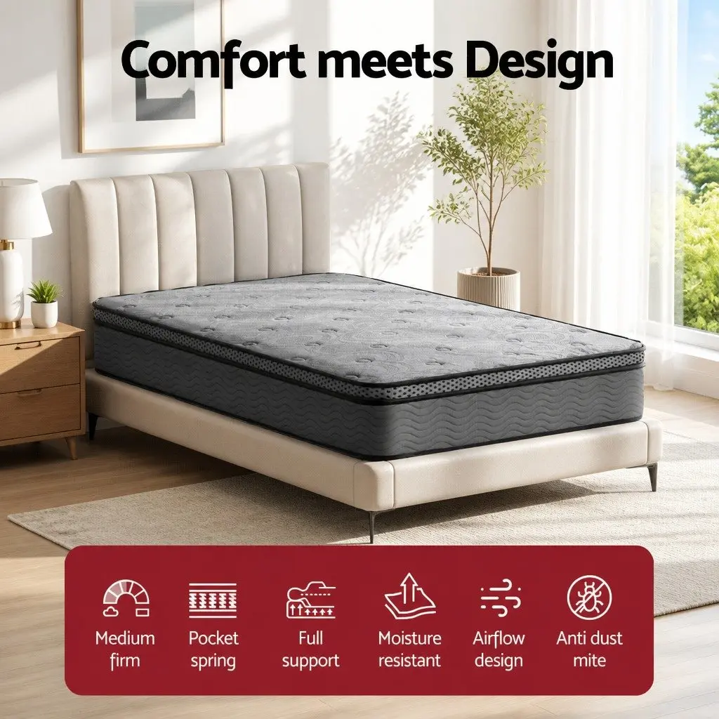 Single Mattress Grey Pocket Spring Memory Foam Medium Firm Euro Top 26cm Thick