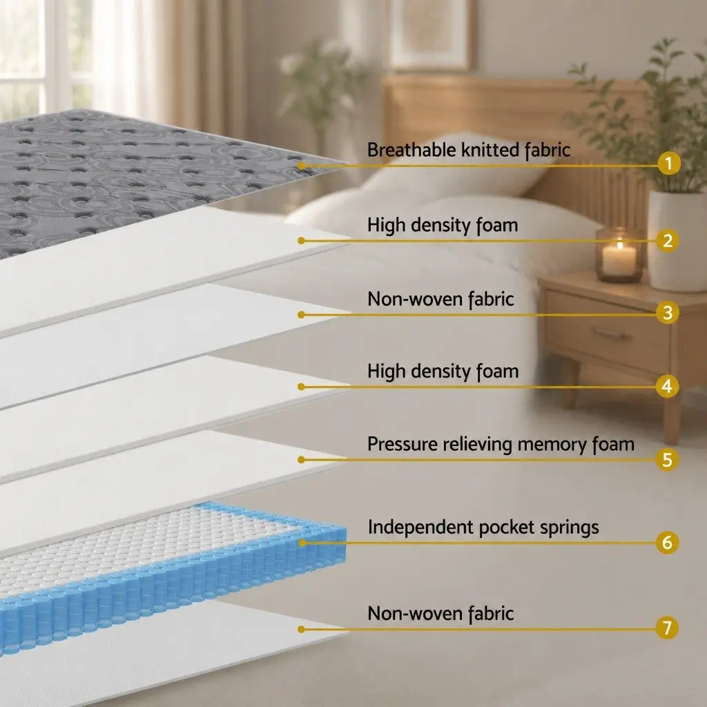 Single Mattress Grey Pocket Spring Memory Foam Medium Firm Euro Top 26cm Thick
