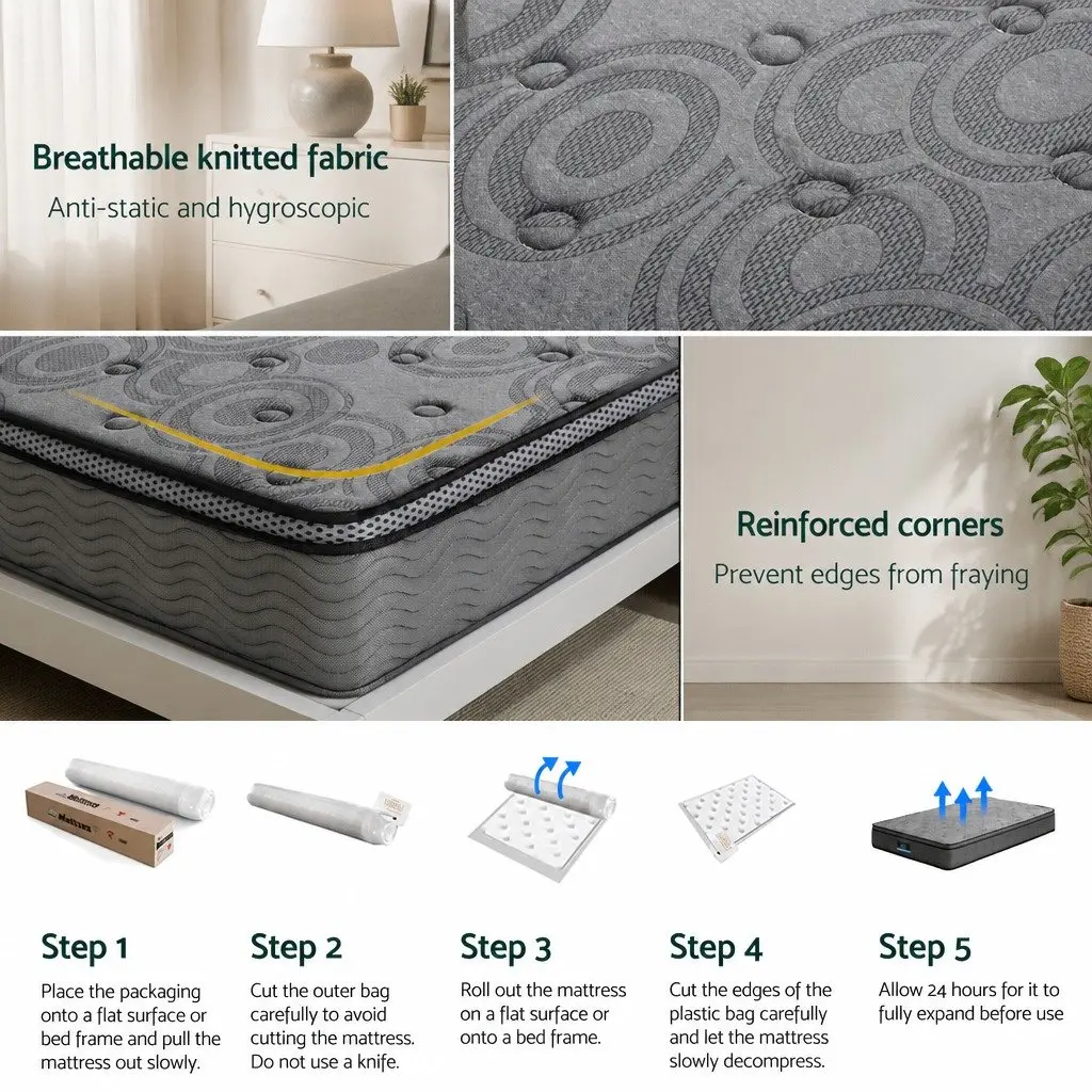 Single Mattress Grey Pocket Spring Memory Foam Medium Firm Euro Top 26cm Thick