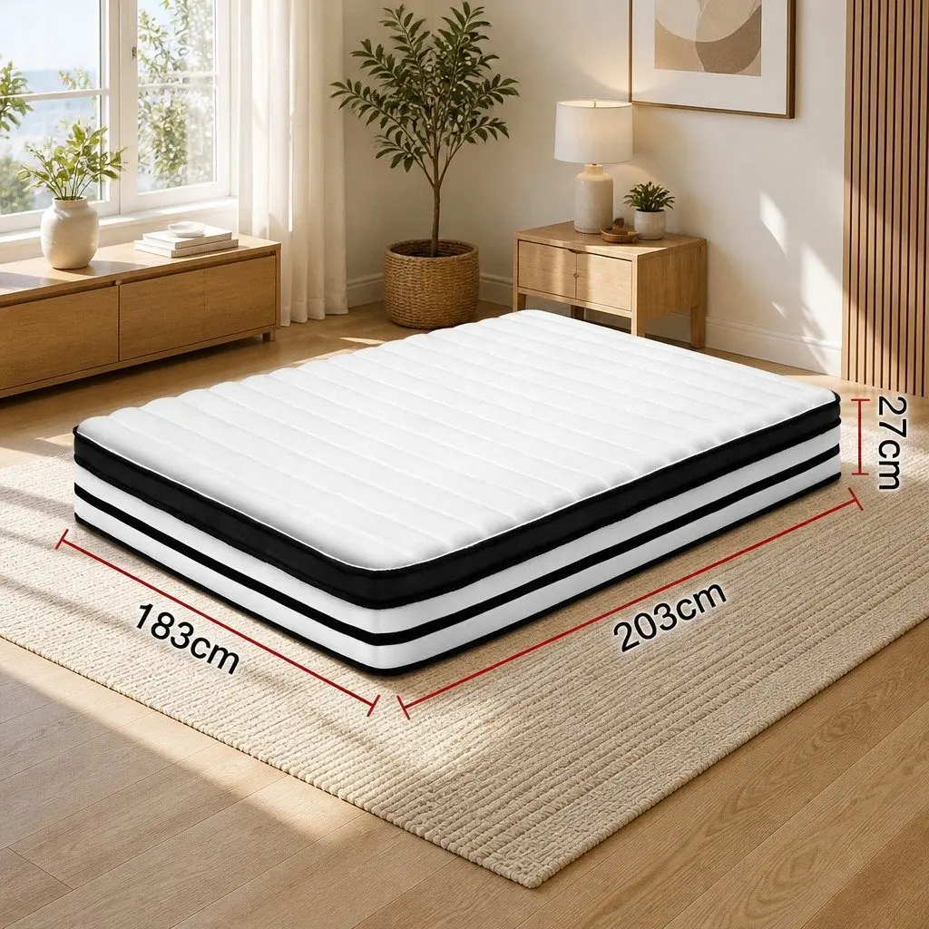 King Size Mattress 27cm White Pocket Spring High Density Foam Plush Euro Top Medium Firmness