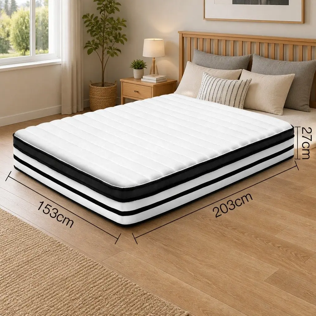Queen Mattress Pocket Spring 27cm Medium Firm Euro Top Hypoallergenic White