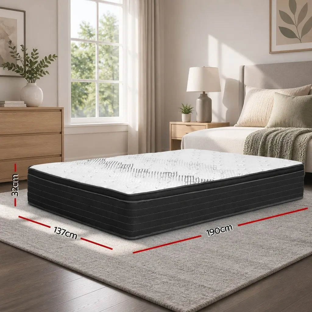 Double Mattress 32cm Extra Firm Pocket Spring Hypoallergenic Dust Mite Resistant White Black
