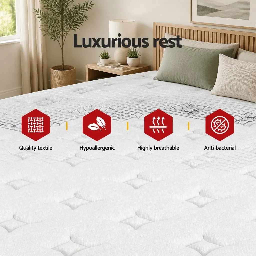 Double Mattress 32cm Extra Firm Pocket Spring Hypoallergenic Dust Mite Resistant White Black