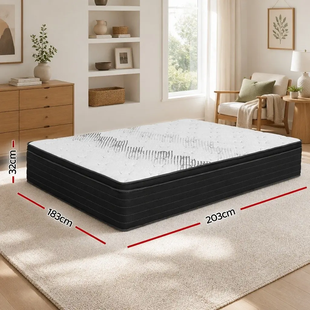 King Size Mattress 32cm Extra Firm Pocket Spring Bed Support White Black