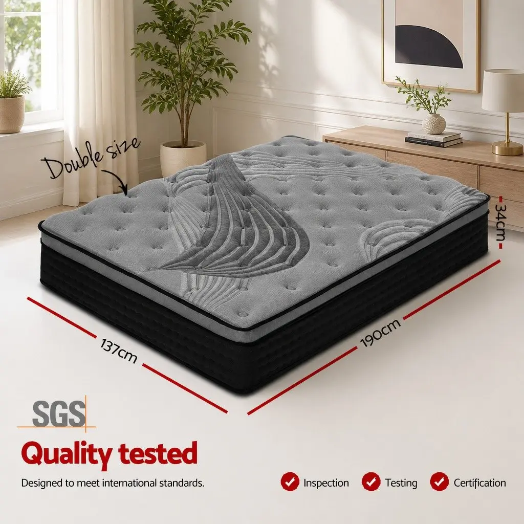 Double Mattress 34cm Euro Top Medium Firm Pocket Spring Bamboo Charcoal Cover Grey