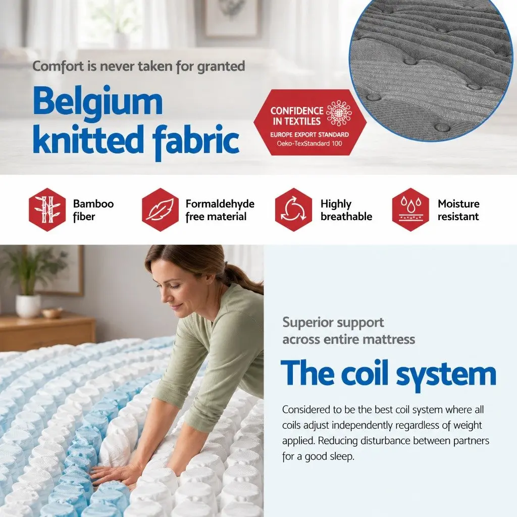 Double Mattress 34cm Euro Top Medium Firm Pocket Spring Bamboo Charcoal Cover Grey