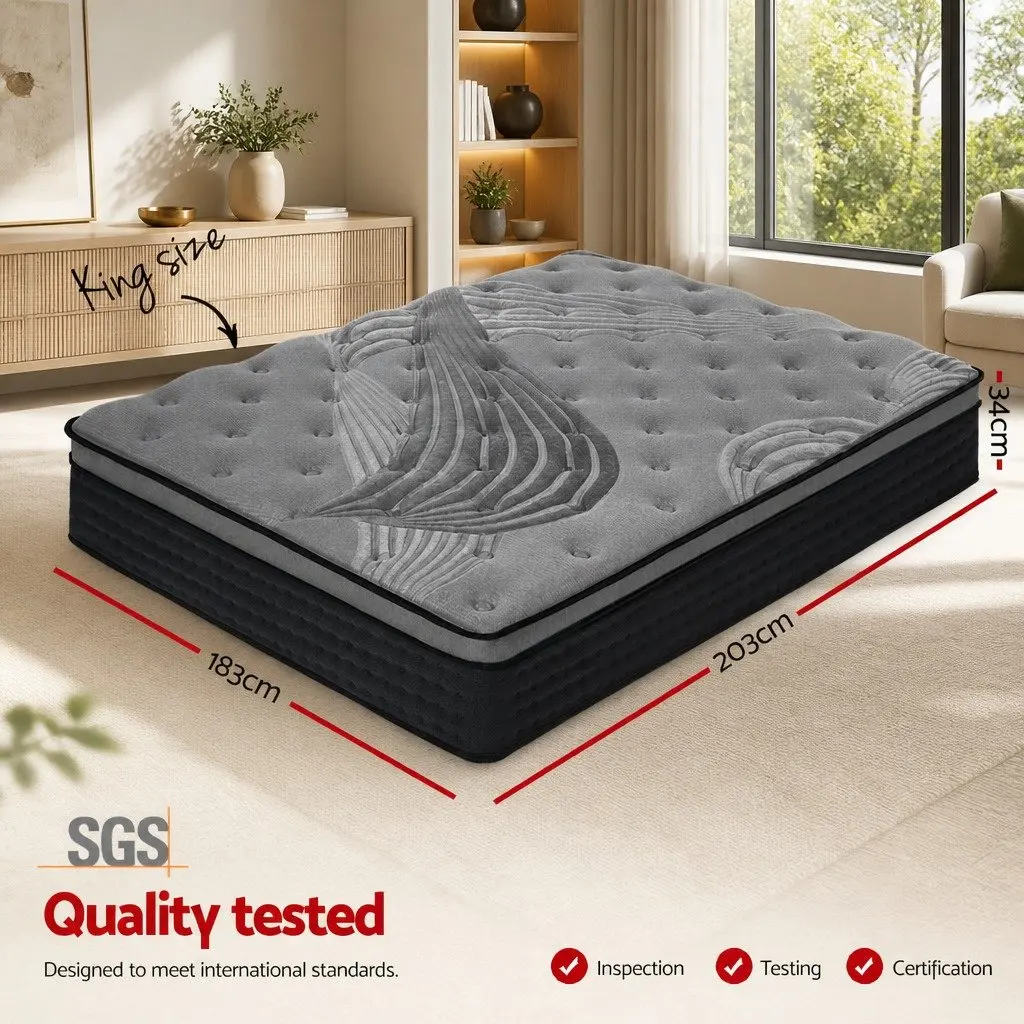 King Size Mattress 34cm Bamboo Charcoal Pocket Spring Medium-Firm Euro Top Bed