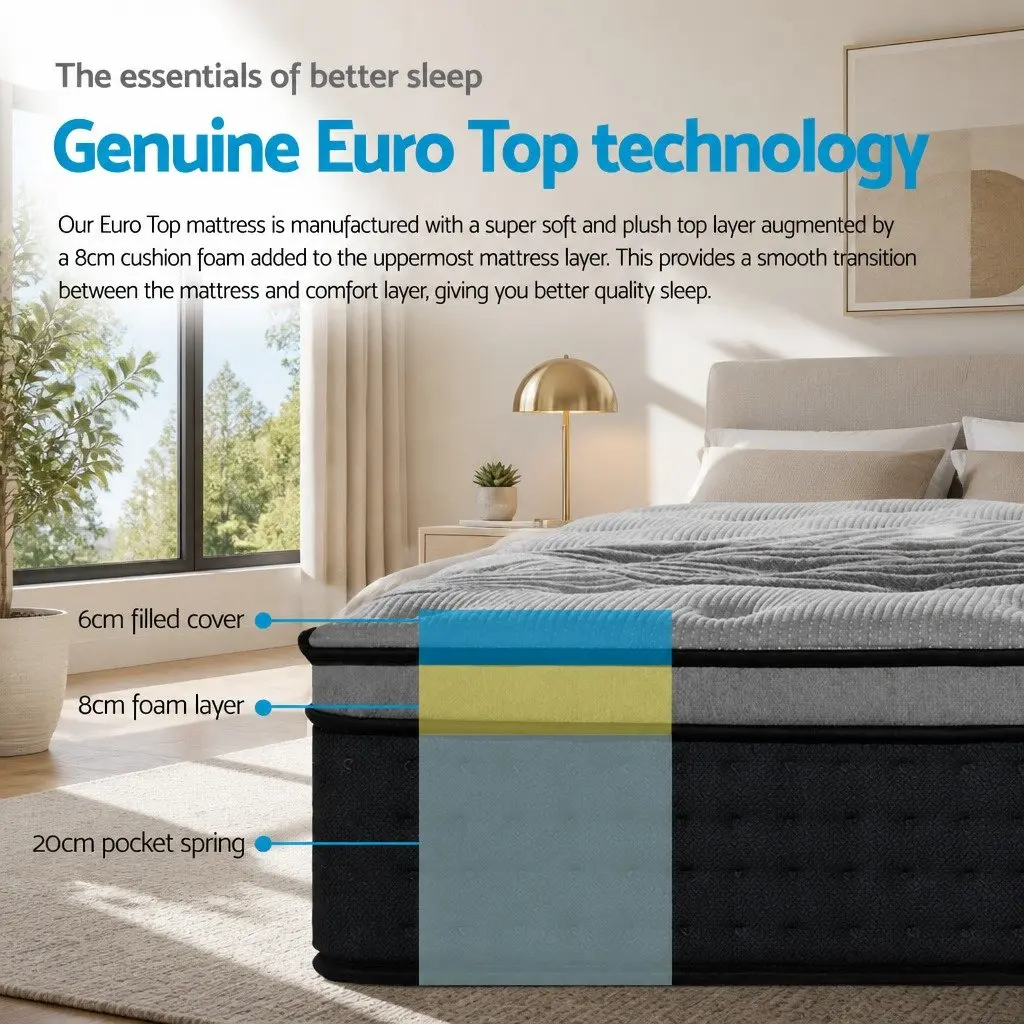 King Size Mattress 34cm Bamboo Charcoal Pocket Spring Medium-Firm Euro Top Bed