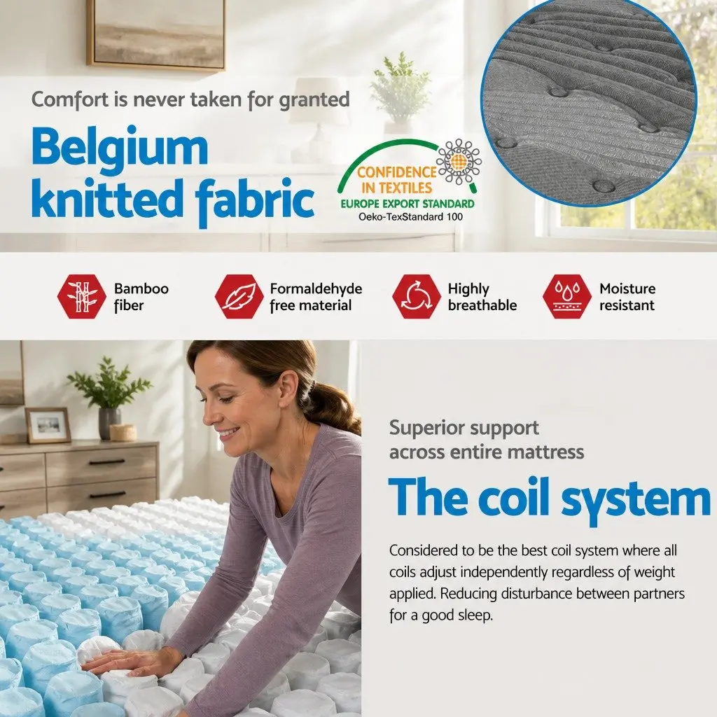 King Size Mattress 34cm Bamboo Charcoal Pocket Spring Medium-Firm Euro Top Bed