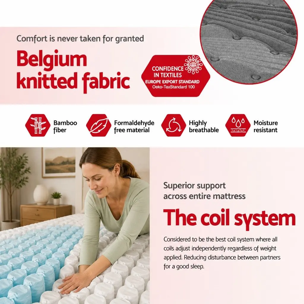Queen Mattress 34cm Medium-Firm Support Bamboo Charcoal Pocket Spring Euro Top