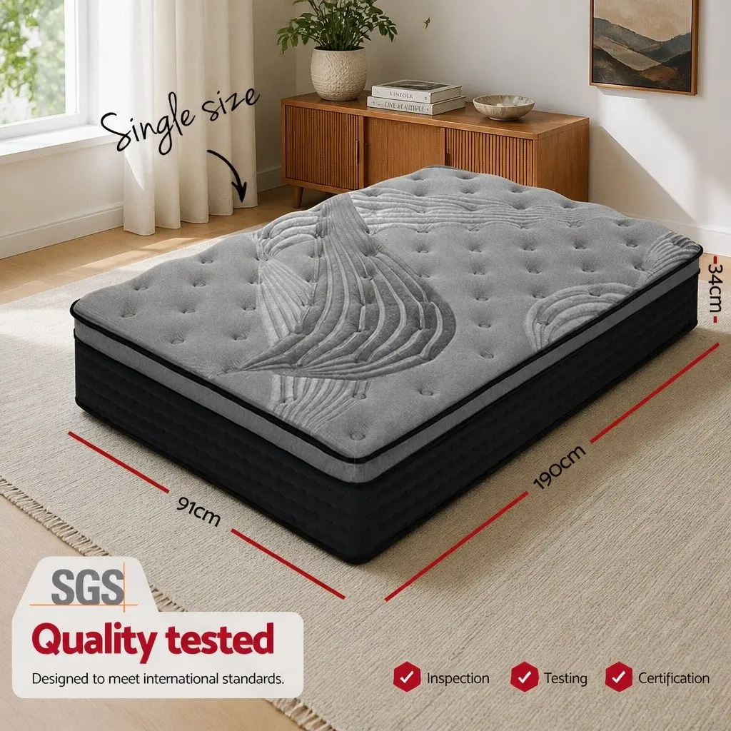 Single Mattress Medium-Firm Pocket Spring 34cm Euro Top Bamboo Charcoal Grey
