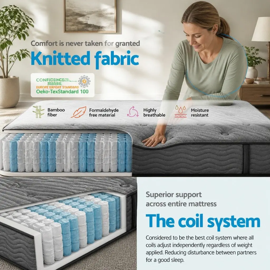 Single Mattress Medium-Firm Pocket Spring 34cm Euro Top Bamboo Charcoal Grey