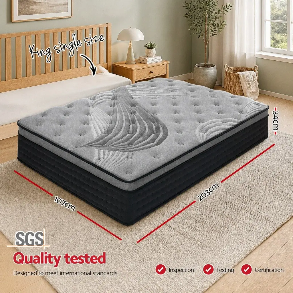 King Single Mattress Euro Top 34cm Medium Firm Grey Pocket Spring