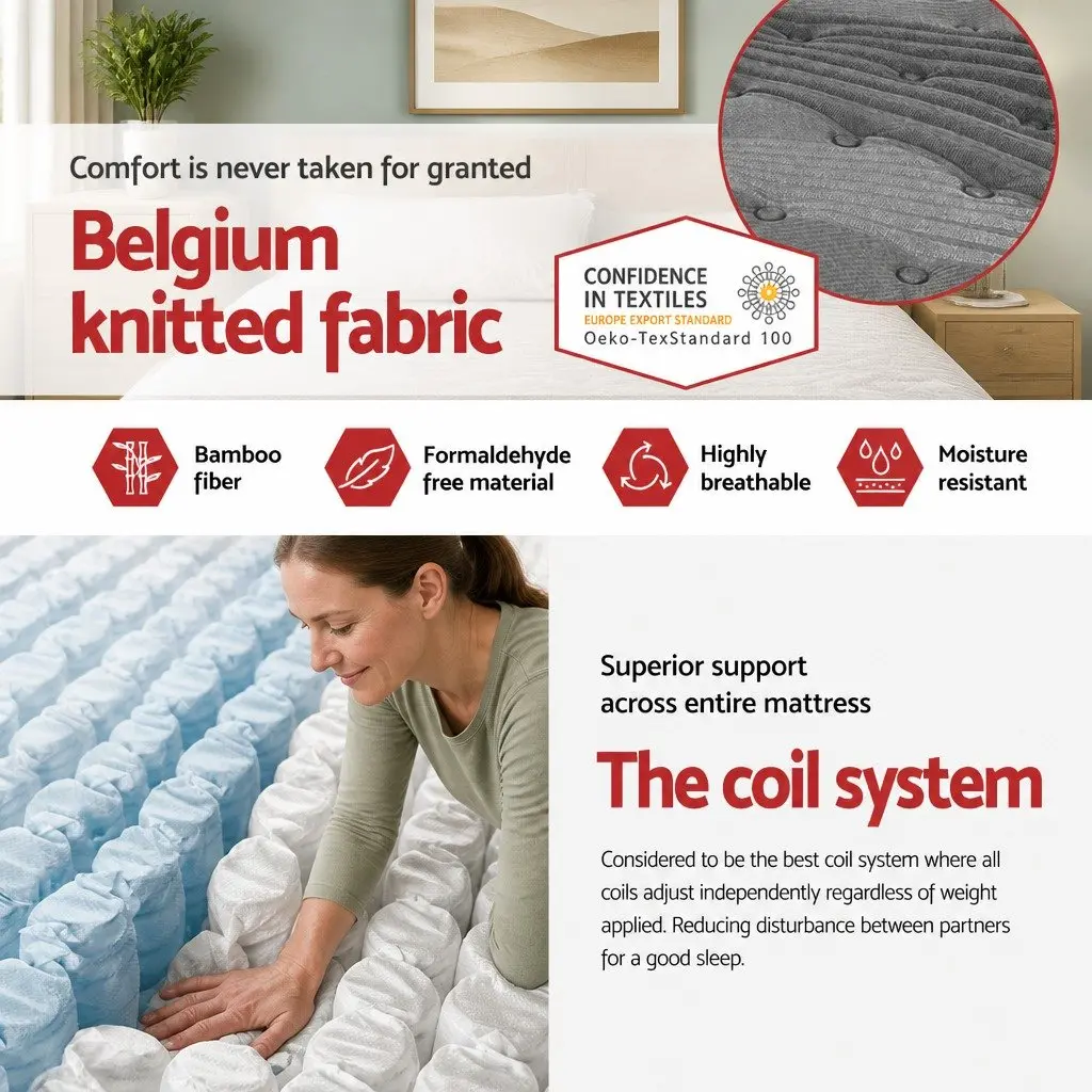 King Single Mattress Euro Top 34cm Medium Firm Grey Pocket Spring