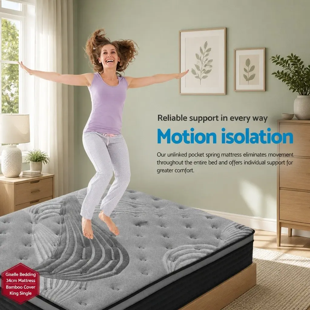 King Single Mattress Euro Top 34cm Medium Firm Grey Pocket Spring