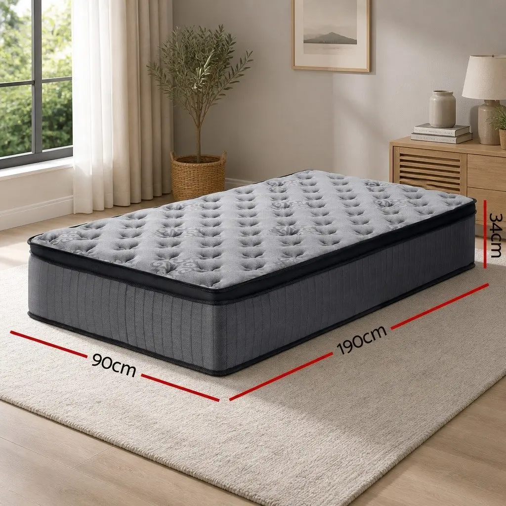 King Single Mattress 34cm Euro Top Medium-Firm Pocket Spring Memory Foam Grey
