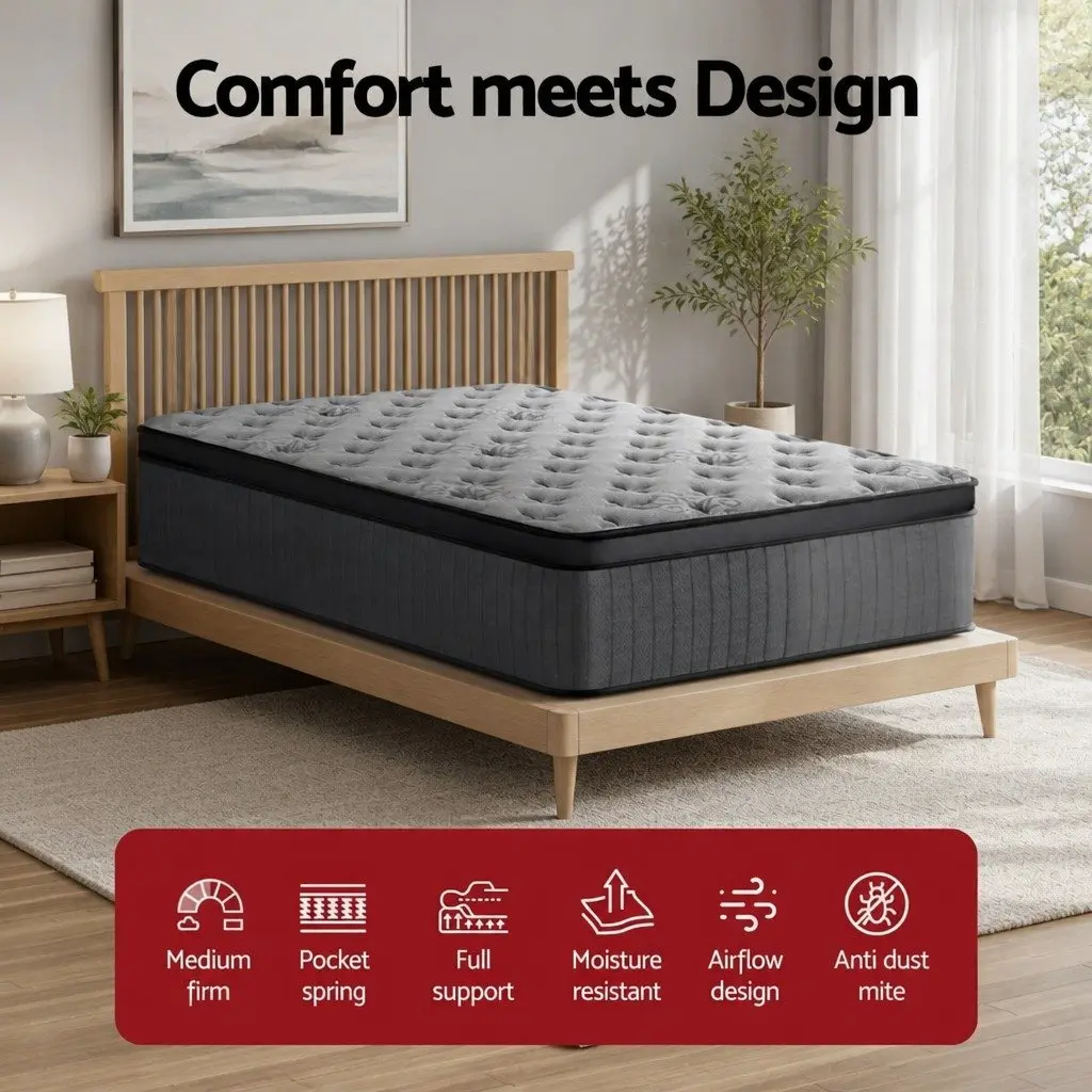King Single Mattress 34cm Euro Top Medium-Firm Pocket Spring Memory Foam Grey