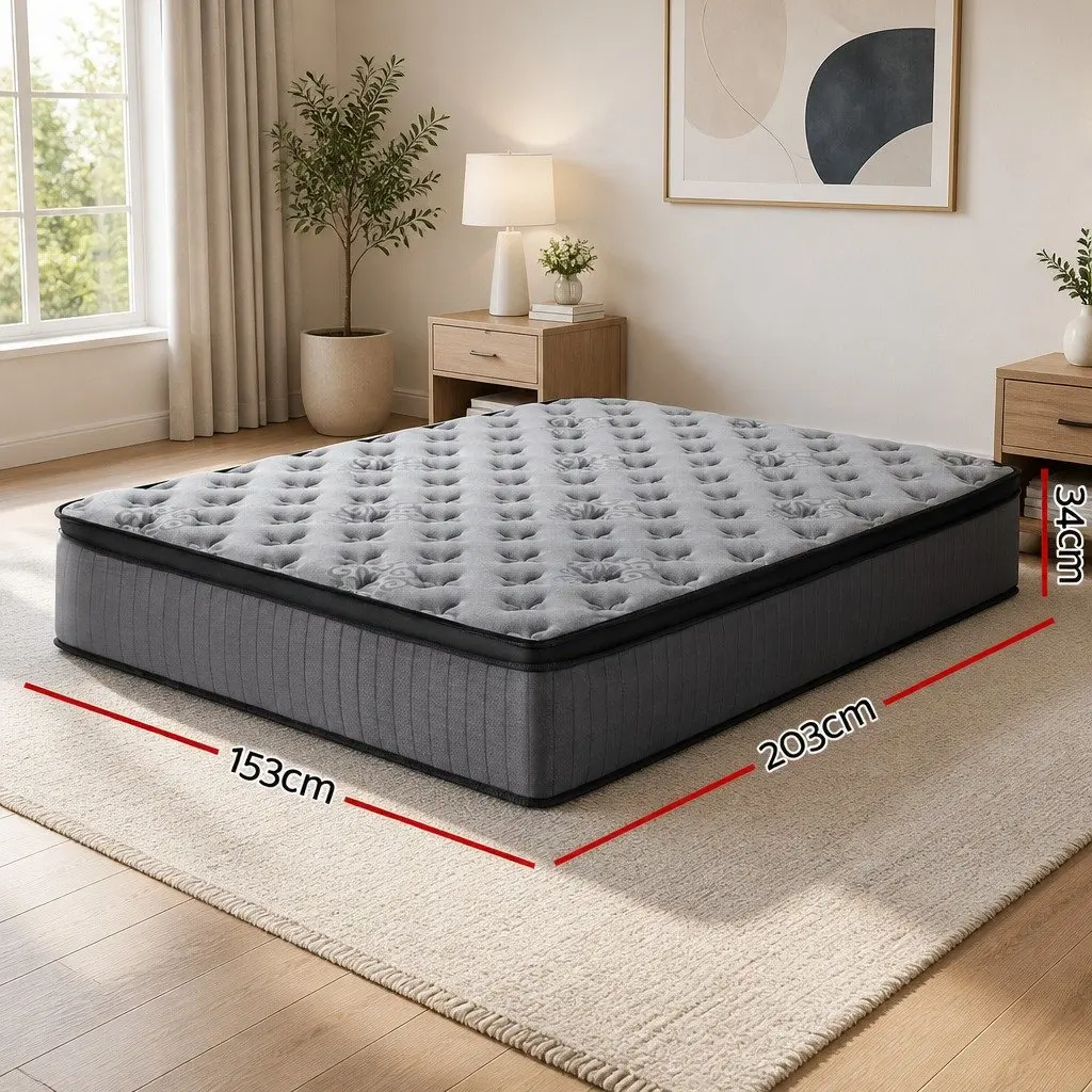 Queen Mattress 34cm Euro Top Medium Firm Support Grey Pocket Spring Bed