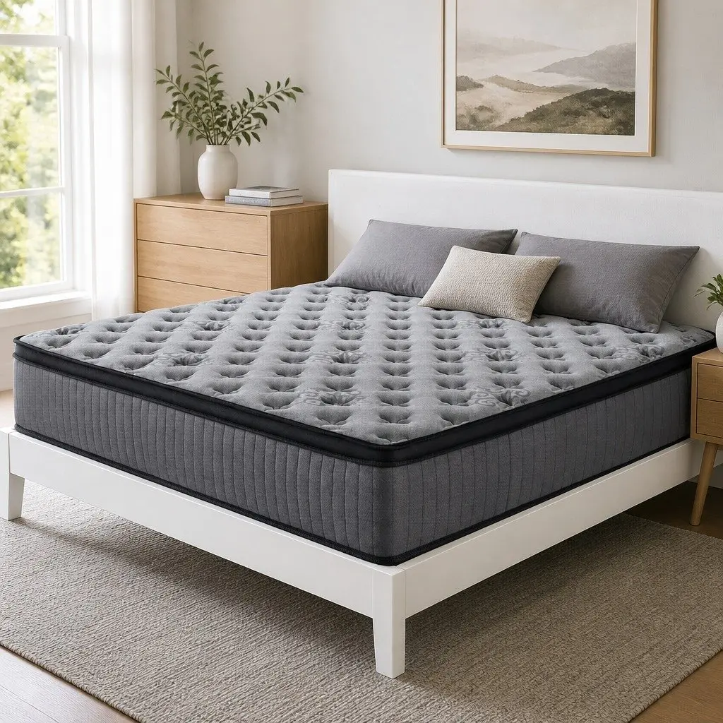 Queen Mattress 34cm Euro Top Medium Firm Support Grey Pocket Spring Bed