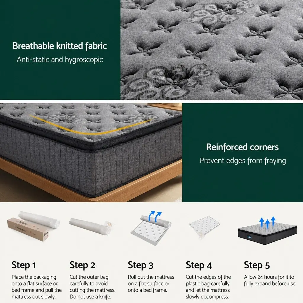 Queen Mattress 34cm Euro Top Medium Firm Support Grey Pocket Spring Bed